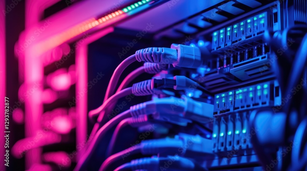 Poster A high-tech server rack with network cables in distinct colors neatly connected to a switch panel, offering a clear and efficient data network setup