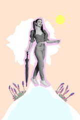 Vertical sketch 3d collage poster of happy girl hold umbrella walk snow hill park wildflower bloom sun warm weather march holiday
