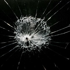 Obraz premium Broken glass with central impact and radial cracks on a black background, highlighting details of the fractured crystal. Shattered glass texture with light effects on the cracks