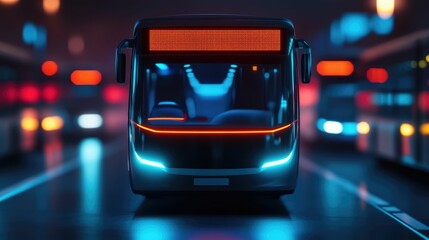 Futuristic fleet of autonomous buses operating in a smart city featuring vibrant LED displays and seamless transportation infrastructure