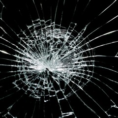 Obraz premium Broken glass with central impact and radial cracks on a black background, highlighting details of the fractured crystal. Shattered glass texture with light effects on the cracks