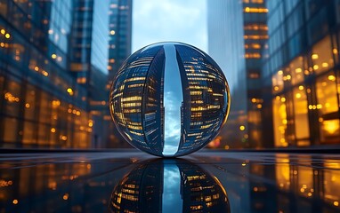 Cityscape reflected in crystal ball, urban scene, night. Possible stock use