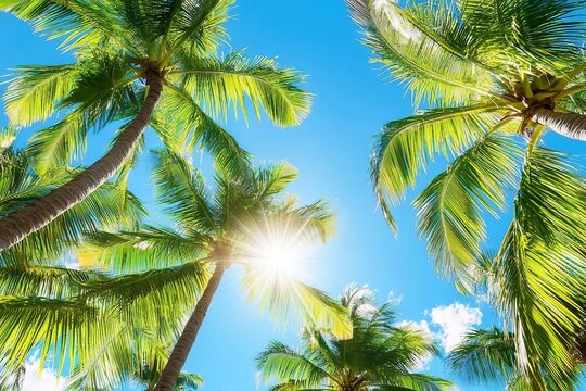Green palm tree branches blue sky background, bright shiny sun rays, palm leaves, sunlight glow, beautiful nature, sea beach landscape, summer holidays - Powered by Adobe