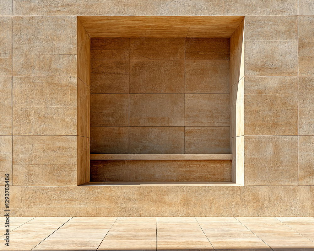 Poster empty architectural niche in beige stone wall, creating a minimalist space, symbolizing modern desig
