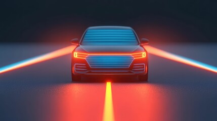 Naklejka premium Futuristic AI powered vehicle with advanced sensor technology that can detect road hazards in real time and provide immediate holographic alerts to the driver