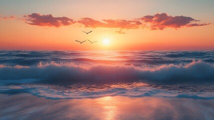 Fototapeta premium Sunset over the ocean features realistic soft waves and flying seagulls in warm golden light with orange, pink, and blue tones, captured in a wide shot from the shore with a serene coastal beach.