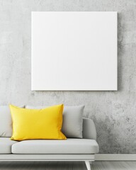 Grey Sofa with Yellow Pillow and Blank Canvas in Minimalist Living Room