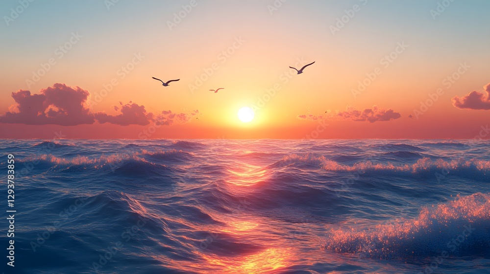 Wall mural sunset over the ocean features realistic soft waves and flying seagulls in warm golden light with or