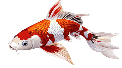 A majestic koi fish with bright red and white patterns, gracefully swimming through the water, isolated on a transparent background