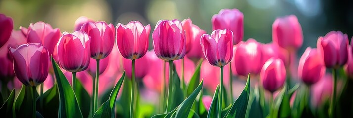 Obraz premium Vibrant Pink Tulips in Bloom A Field of Springtime Beauty, Natural Sunlight and Bokeh