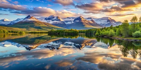 Fototapeta premium A serene lake surrounded by snow-capped mountains and lush greenery in Abisko National Park at dawn, sunrise, reflection
