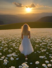 Woman in White Dress Walking in Daisy Field at Sunset
