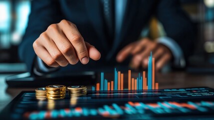 Executive presenting investment opportunities with a futuristic financial data display