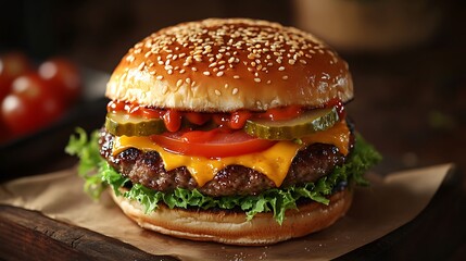 High-quality professional studio photograph showcasing a classic cheeseburger topped generously with melted cheddar, fresh lettuce, tomato slices, crisp pickles, ketchup, mustard,