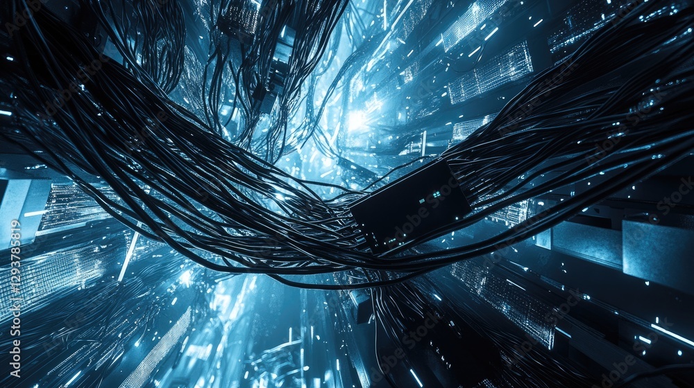 Poster A maze of network cables tangled and leading to a managed switch in a modern data center, emphasizing the complexity of high-tech systems