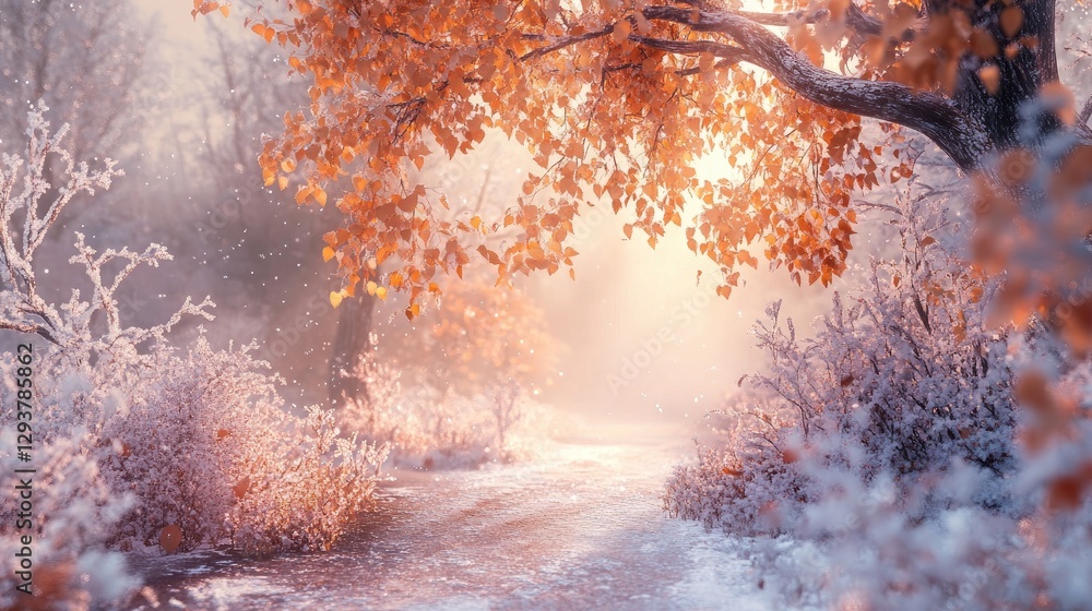 Poster a mesmerizing autumn scene where icy sleet interacts with warm-colored leaves, creating an enchantin