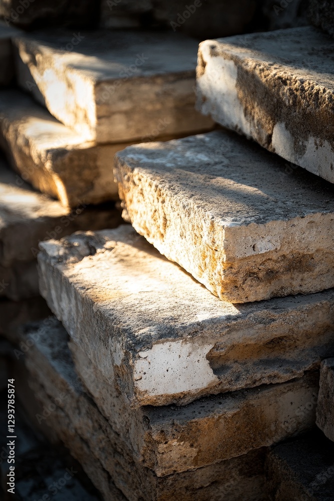 Poster stack of weathered rectangular stones outside.