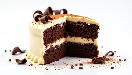 Decadent Layered Chocolate Cake Slice with Creamy White Frosting, Chocolate Curls, and Rich Dark Interior