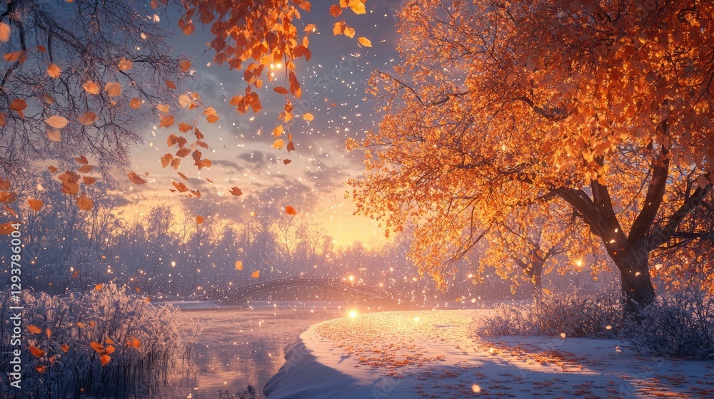 Poster a mesmerizing autumn scene where icy sleet interacts with warm-colored leaves, creating an enchantin