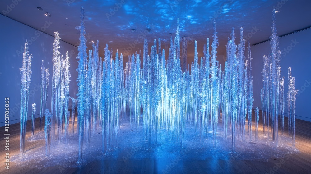 Poster a mesmerizing display of icicles, created by the interaction of temperature, water, and light, showc