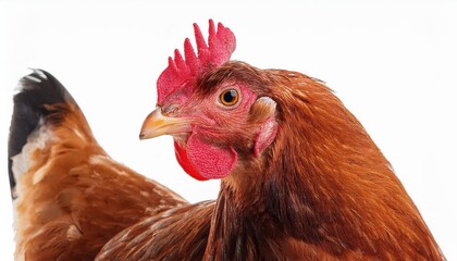Adult Red Hen Amidst Poultry Farm Scene, Vibrant Feathers Glowing in a Rustic Setting with Lush Greenery and Barn Roof at Sunset