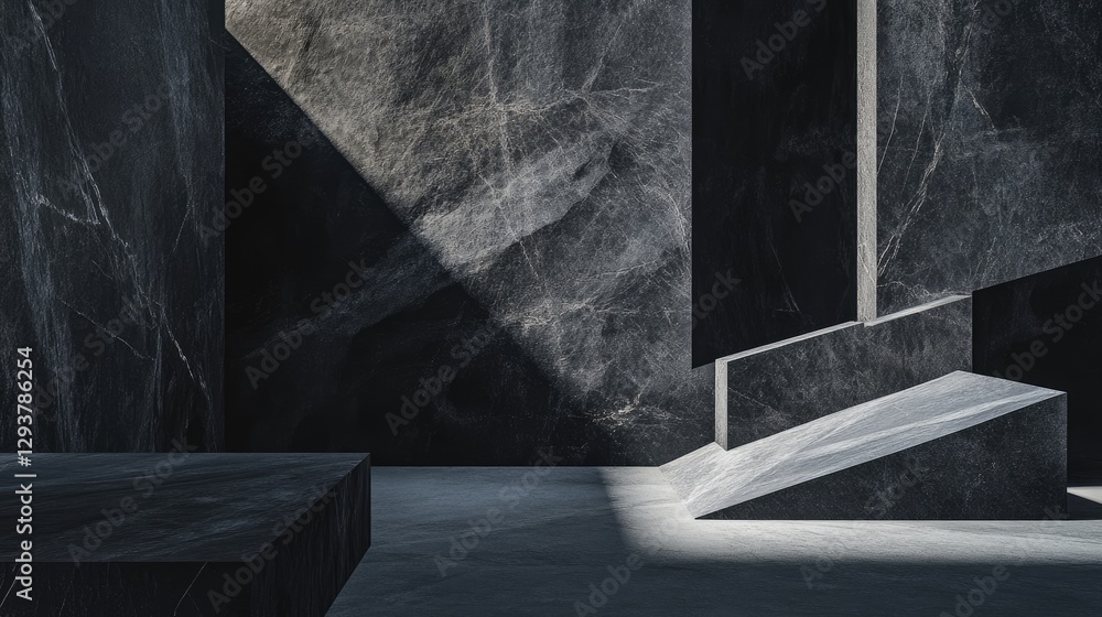 Aufkleber A minimalist abstract composition of black geometric stone shapes, with lighting effects emphasizing textures and depth in the visual