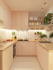 A modern U shaped kitchen with light color scheme