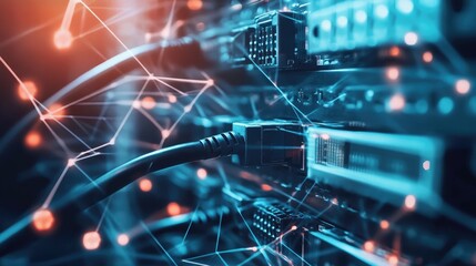 Obraz premium A messy tangle of network cables feeding into a managed switch in a high-tech data center, symbolizing the complexity of data management systems