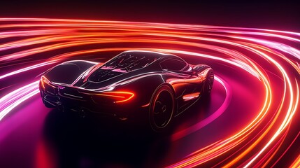 Obraz premium Futuristic sports car in vibrant neon light swirls