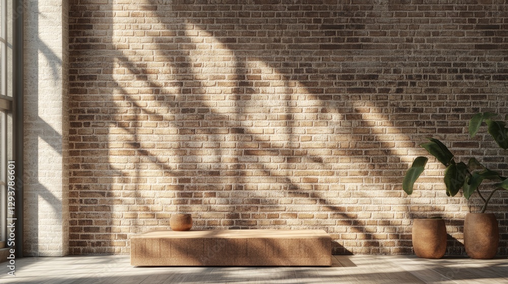 Poster a minimalist industrial setting featuring floating brown bricks against a rustic brick wall, bathed 