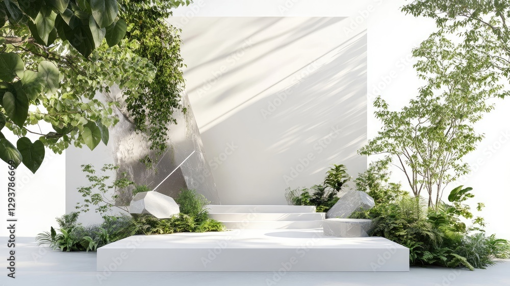 Poster a minimalist podium design with bold geometric shapes and lush green plants, creating a surreal summ
