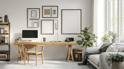 Fototapeta premium Modern home office interior with wooden furniture, plants, and framed art. Use for showcasing design inspiration