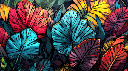A high-impact digital painting of exotic jungle flora, emphasizing the structured beauty of large, uniquely shaped leaves such as elephant ear plants and broad ferns