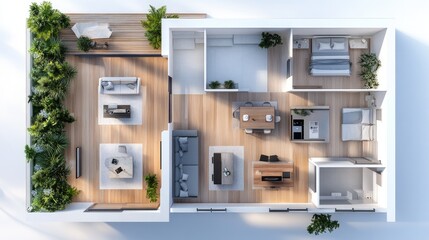 A modern 3D illustration of a house floor plan, offering an aerial view of room layouts, perfect for design and architectural projects