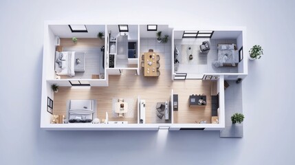 A modern 3D illustration of a house floor plan, offering an aerial view of room layouts, perfect for design and architectural projects