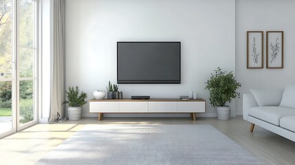 Modern living room interior with TV and garden view. Possible use stock photo for interior design magazines or websites