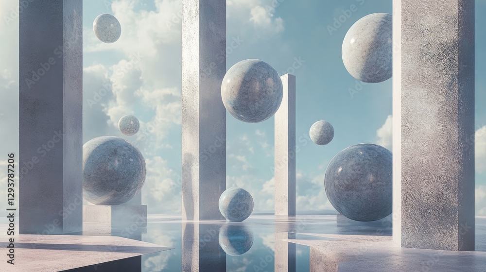 Poster a modern artistic scene featuring spheres and cylindrical shapes floating in a cool-toned setting, e