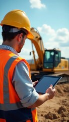 Tablet use construction site safety gear excavator background, construction, progress, building
