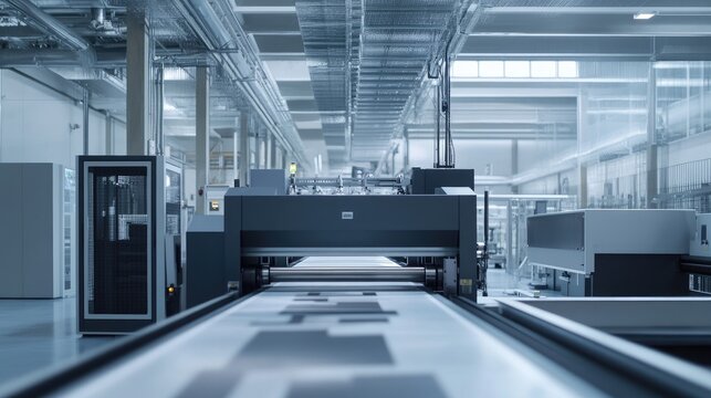 A modern industrial inkjet printer working in a cutting-edge facility, producing bright, detailed graphics on large-format paper for high-end print jobs