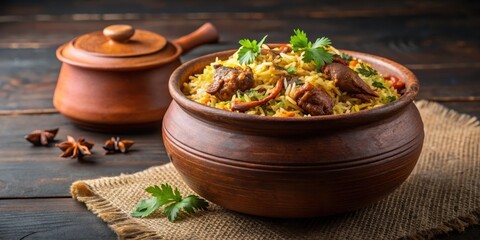 Aromatic mutton biryani dish served in a traditional Indian earthen pot with a sprig of fresh cilantro on top, mutton biryani, aromatic rice