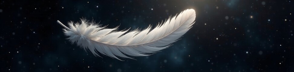 Fototapeta premium Weightless white feather drifts, light beams illuminate, infinite black void, beam, glow, black