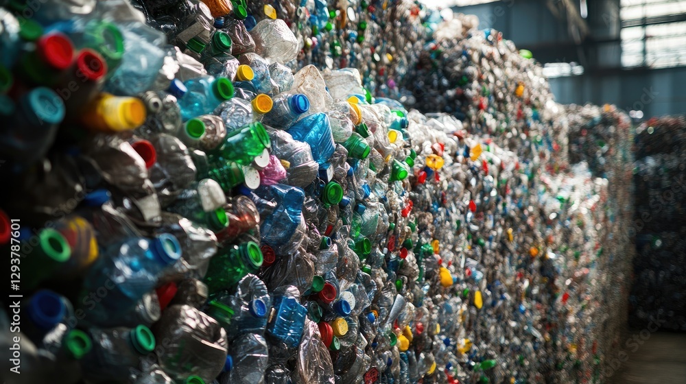 Poster A mountain of crushed plastic bottles in a recycling facility, prepared for sorting and further processing into reusable materials
