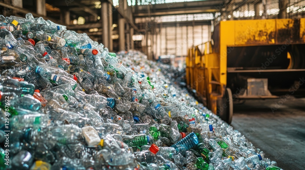 Aufkleber a mountain of crushed plastic bottles in a recycling facility, prepared for sorting and further proc