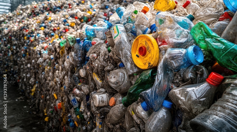 Aufkleber A mountain of crushed plastic bottles in a recycling facility, prepared for sorting and further processing into reusable materials