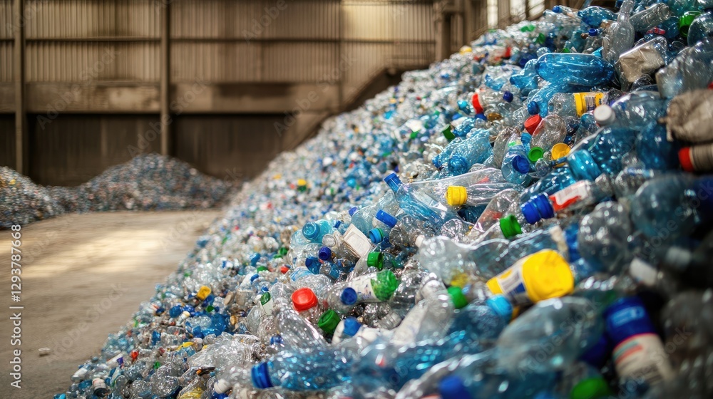 Poster a mountain of crushed plastic bottles in a recycling facility, prepared for sorting and further proc