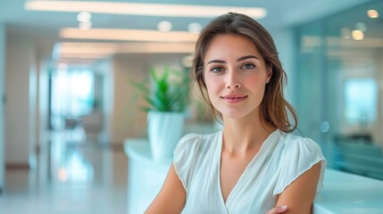 Naklejka premium A young Colombian woman with a warm smile, wearing business attire in a modern office setting. The bright and professional environment conveys confidence, success, and workplace positivity