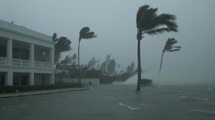 A luxury resort being battered by a category 5 hurricane, palm trees bending in the wind,