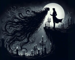 Naklejka premium Illustration featuring a man facing a dark spectral figure surrounded by moonlight and candlesticks on a gothic hill.