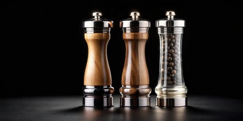 Elegant salt and pepper mill set on a sleek black background, with a luxurious finish and refined design elements, salt and pepper mills, luxurious