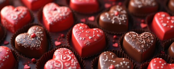 Macro shot of heart shaped chocolates box. Red, brown sweets decorated with sugar sprinkles. Romantic gift for Valentines Day. Confectionery treats for anniversary, love celebration.